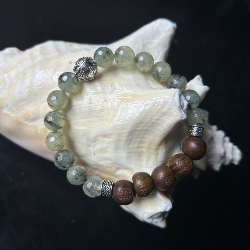 Natural Prehnite and wood silver Beaded Bracelet buddhism meditation 10mm